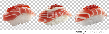 Salmon nigiri sushi with bright red roe, isolated on white background, concept of traditional Japanese cuisine 135117122