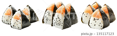 Japanese salmon onigiri rice ball wrapped in nori seaweed, isolated on white background, Asian cuisine concept 135117123
