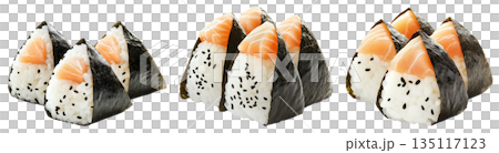 Japanese salmon onigiri rice ball wrapped in nori seaweed, isolated on white background, Asian cuisine concept 135117123