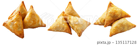 Golden brown crispy samosas isolated on white transparent background, traditional Indian snack concept 135117128
