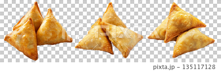 Golden brown crispy samosas isolated on white transparent background, traditional Indian snack concept 135117128