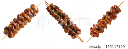 Grilled chicken yakitori skewer with teriyaki glaze or Isaw Filipino street food isolated on white transparent background Grilled chicken yakitori skewer with teriyaki glaze or Isaw Filipino street food isolated on white transparent background 135117129