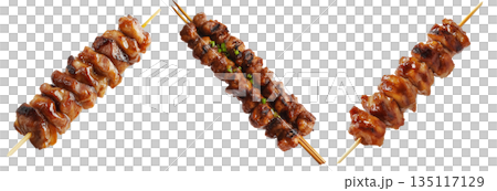 Grilled chicken yakitori skewer with teriyaki glaze or Isaw Filipino street food isolated on white transparent background Grilled chicken yakitori skewer with teriyaki glaze or Isaw Filipino street food isolated on white transparent background 135117129