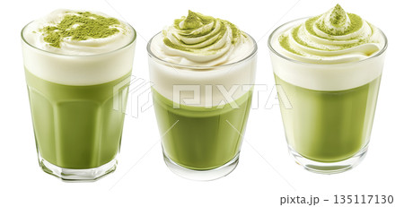 Creamy matcha latte topped with whipped cream and green tea powder in glass, isolated on a white transparent background Creamy matcha latte topped with whipped cream and green tea powder in glass, isolated on a white transparent background 135117130