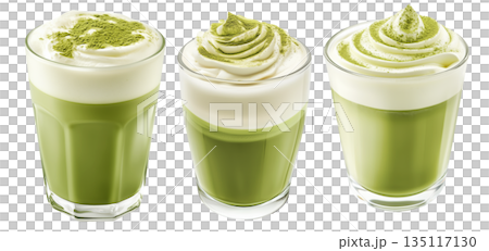 Creamy matcha latte topped with whipped cream and green tea powder in glass, isolated on a white transparent background 135117130
