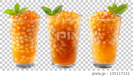 Orange bubble tea Filipino Sagot Gulaman filled with tapioca pearls and topped with mint, isolated on white background. Orange bubble tea Filipino Sagot Gulaman filled with tapioca pearls and topped with mint, isolated on white background. 135117131