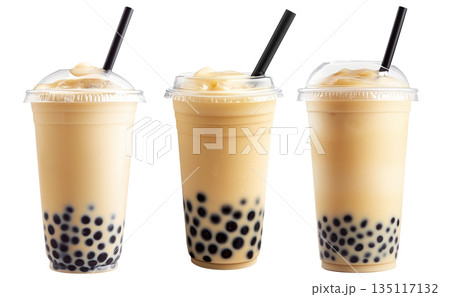 Creamy bubble milk tea with tapioca pearls in glass cup, isolated on white transparent background Creamy bubble milk tea with tapioca pearls in glass cup, isolated on white transparent background 135117132