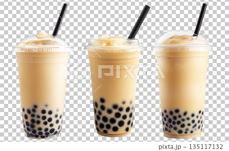 Creamy bubble milk tea with tapioca pearls in glass cup, isolated on white transparent background Creamy bubble milk tea with tapioca pearls in glass cup, isolated on white transparent background 135117132
