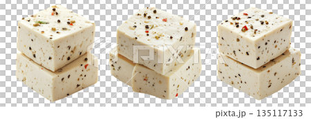Cubes of seasoned tofu with visible herbs and spices, arranged in stack isolated on white transparent background 135117133