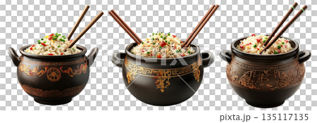 Cooked beef fried rice with peas, carrots, herbs in black clay pot, isolated on white transparent background 135117135