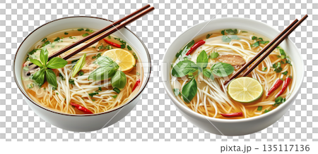 Traditional Vietnamese Pho soup with beef, rice noodles, chili, and lime isolated on white background, Asian cuisine 135117136