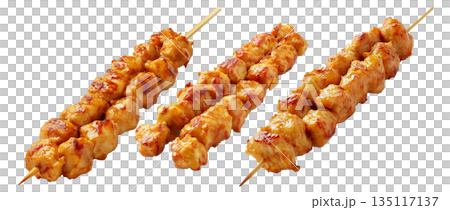 Grilled chicken Satay skewer with a golden brown glaze, isolated on white background, concept of tasty street food 135117137