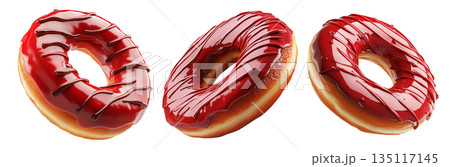 Delicious red glazed donut with chocolate drizzle and sprinkles, isolated on white transparent background 135117145