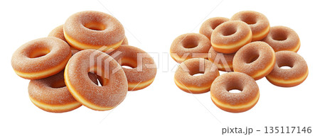 Pile of classic sugar donuts with golden brown crust isolated on white transparent background. Concept of sweet bakery 135117146
