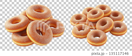 Pile of classic sugar donuts with golden brown crust isolated on white transparent background. Concept of sweet bakery 135117146