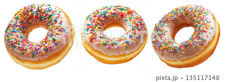 Tasty donut topped with white glaze and colorful sprinkles, isolated on white transparent background 135117148