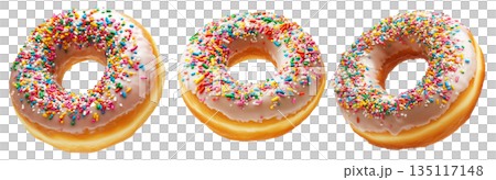 Tasty donut topped with white glaze and colorful sprinkles, isolated on white transparent background 135117148