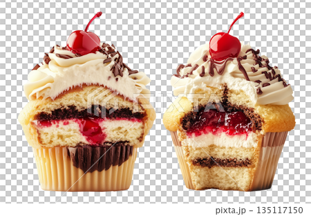 Gourmet cupcake with cream, chocolate drizzle, cherry topping, and layered cake isolated on white transparent background Gourmet cupcake with cream, chocolate drizzle, cherry topping, and layered cake isolated on white transparent background 135117150