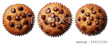 Chocolate chip muffin in paper cup, top view food, isolated on white background. Concept of sweet baked dessert 135117153