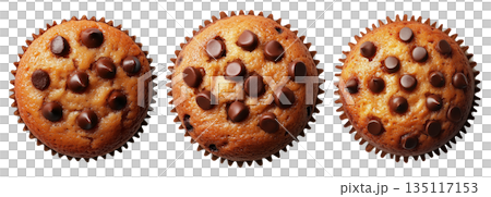 Chocolate chip muffin in paper cup, top view food, isolated on white background. Concept of sweet baked dessert 135117153