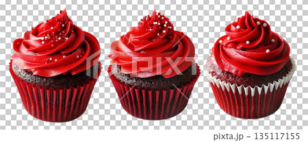 Chocolate cupcake with red swirl frosting and white sprinkles, isolated on white transparent background. 135117155