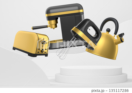 Assorted kitchen appliances including mixer, toaster, kettle and coffee maker over podium on abstract background Assorted kitchen appliances including mixer, toaster, kettle and coffee maker over podium on abstract background 135117286