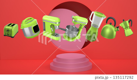 Set of kitchen appliances and utensils floating in mid-air over podium and abstract background, modern cooking concepts Set of kitchen appliances and utensils floating in mid-air over podium and abstract background, modern cooking concepts 135117292