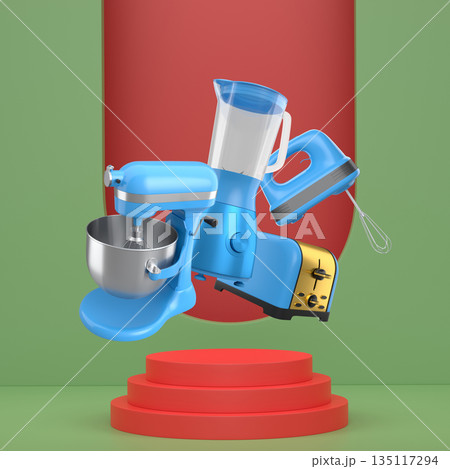 Assorted kitchen appliances including blender, toaster, kettle and coffee maker over podium on abstract background Assorted kitchen appliances including blender, toaster, kettle and coffee maker over podium on abstract background 135117294