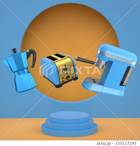 Assorted kitchen appliances including toaster, kettle and coffee maker over podium on abstract background Assorted kitchen appliances including toaster, kettle and coffee maker over podium on abstract background 135117295