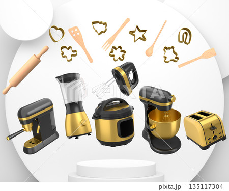 Set of kitchen appliances with baking tools and cookie cutters floating over podium, concept of modern cooking Set of kitchen appliances with baking tools and cookie cutters floating over podium, concept of modern cooking 135117304