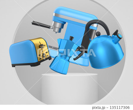 Assorted kitchen appliances including toaster, kettle and coffee maker over podium on abstract background 135117306