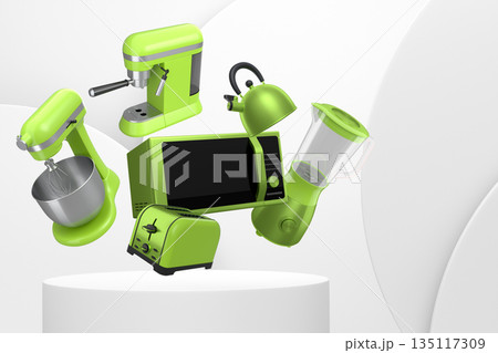 Set of kitchen appliances and utensils floating in mid-air over podium and abstract background, modern cooking concepts 135117309