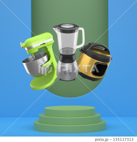 Set of kitchen appliances including a pressure cooker, blender, and mixer floating over podium on abstract background 135117313