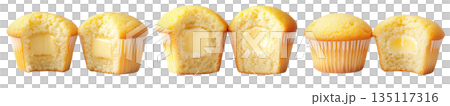 Two halves of a vanilla cupcake with creamy filling shown in cross-section, isolated on white transparent background Two halves of a vanilla cupcake with creamy filling shown in cross-section, isolated on white transparent background 135117316