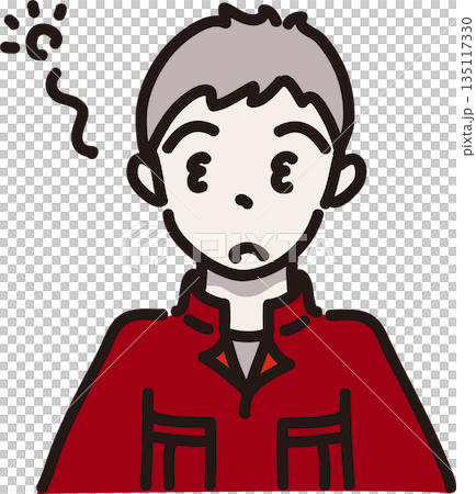 圖：一位身穿工作服（紅色制服）的昏昏欲睡的男子 135117330