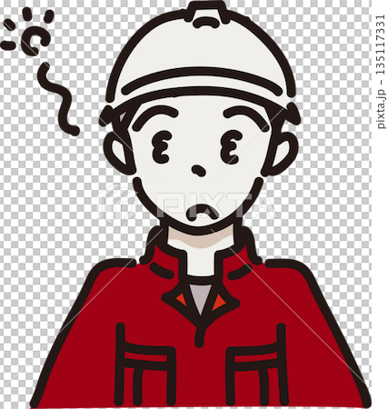Illustration of a sleepy man wearing a helmet and work clothes, red uniform 135117331