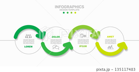Curved arrow infographic timeline with segments and icons, for process visualization, business presentations. Vector illustration. Curved arrow infographic timeline with segments and icons, for process visualization, business presentations. Vector illustration. 135117483