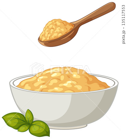 Vector Illustration of a Bowl of Porridge with a Wooden Spoon 135117553