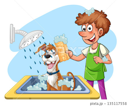 Boy Washing Dog in Sink with Sponge and Soap 135117558