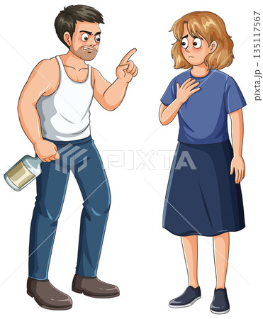 Angry Drunk Man Arguing With Frightened Woman Illustration Angry Drunk Man Arguing With Frightened Woman Illustration 135117567