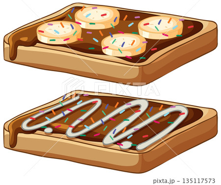 Chocolate Spread Toast with Banana Slices and Colorful Sprinkles Vector 135117573