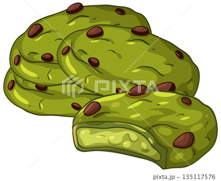 Green Tea Matcha Cookies with Chocolate Chips Vector Illustration 135117576