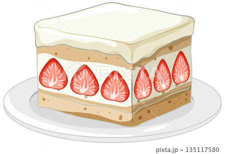 Square Slice of Layered Strawberry Shortcake on a White Plate 135117580