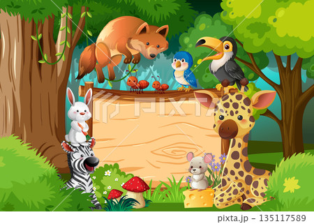 Cartoon Forest Animals Gathered Around Wooden Sign in Jungle Cartoon Forest Animals Gathered Around Wooden Sign in Jungle 135117589