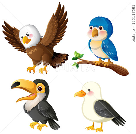 Colorful Cartoon Birds in Various Poses and Expressions 135117593