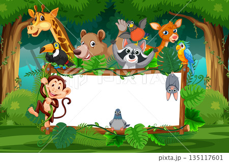 Jungle Animals Surrounding Blank Wooden Sign in Forest 135117601