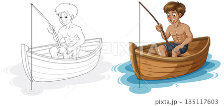 Young Man Fishing in Wooden Rowboat Cartoon Vector 135117603