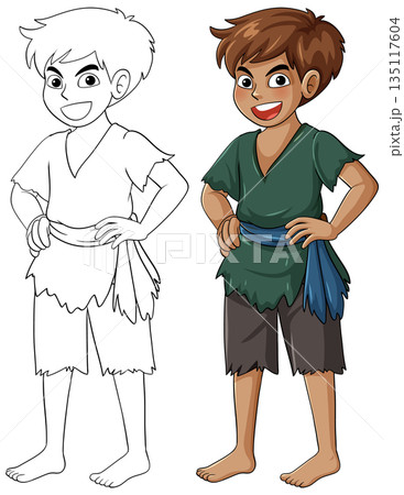 Smiling Cartoon Boy in Ragged Clothes with Colored and Outline Versions 135117604