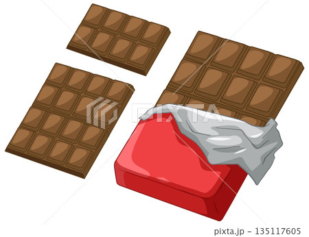 Milk Chocolate Bars with Red Wrapper and Silver Foil Illustration 135117605