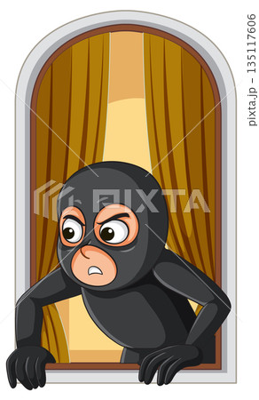 Cartoon Burglar Climbing Through Window with Angry Expression 135117606